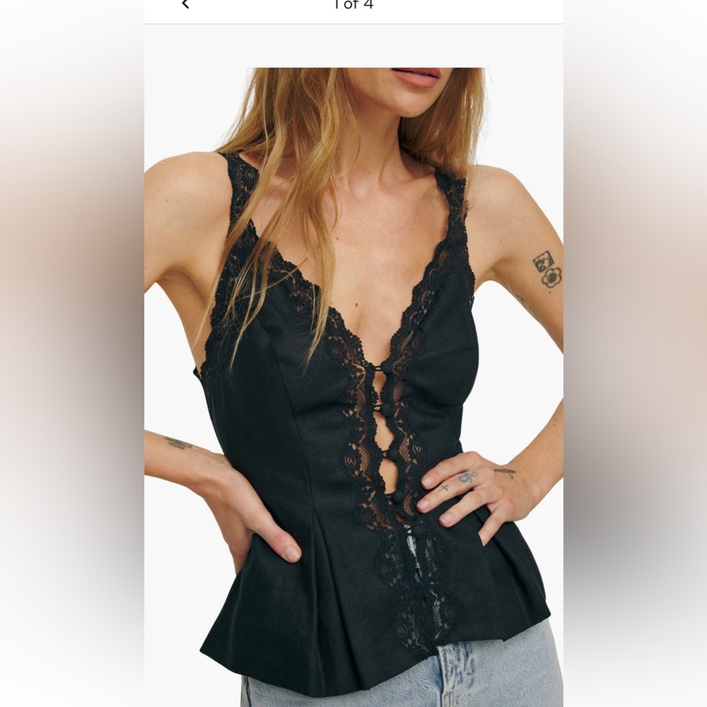NWT Reformation Josefina Linen Top - Black Noir Lace French Summer Best